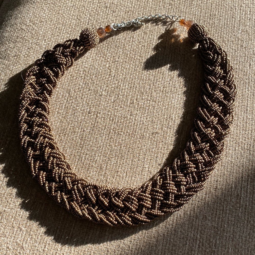 Brown seed bead braided statement necklace fall autumn collar